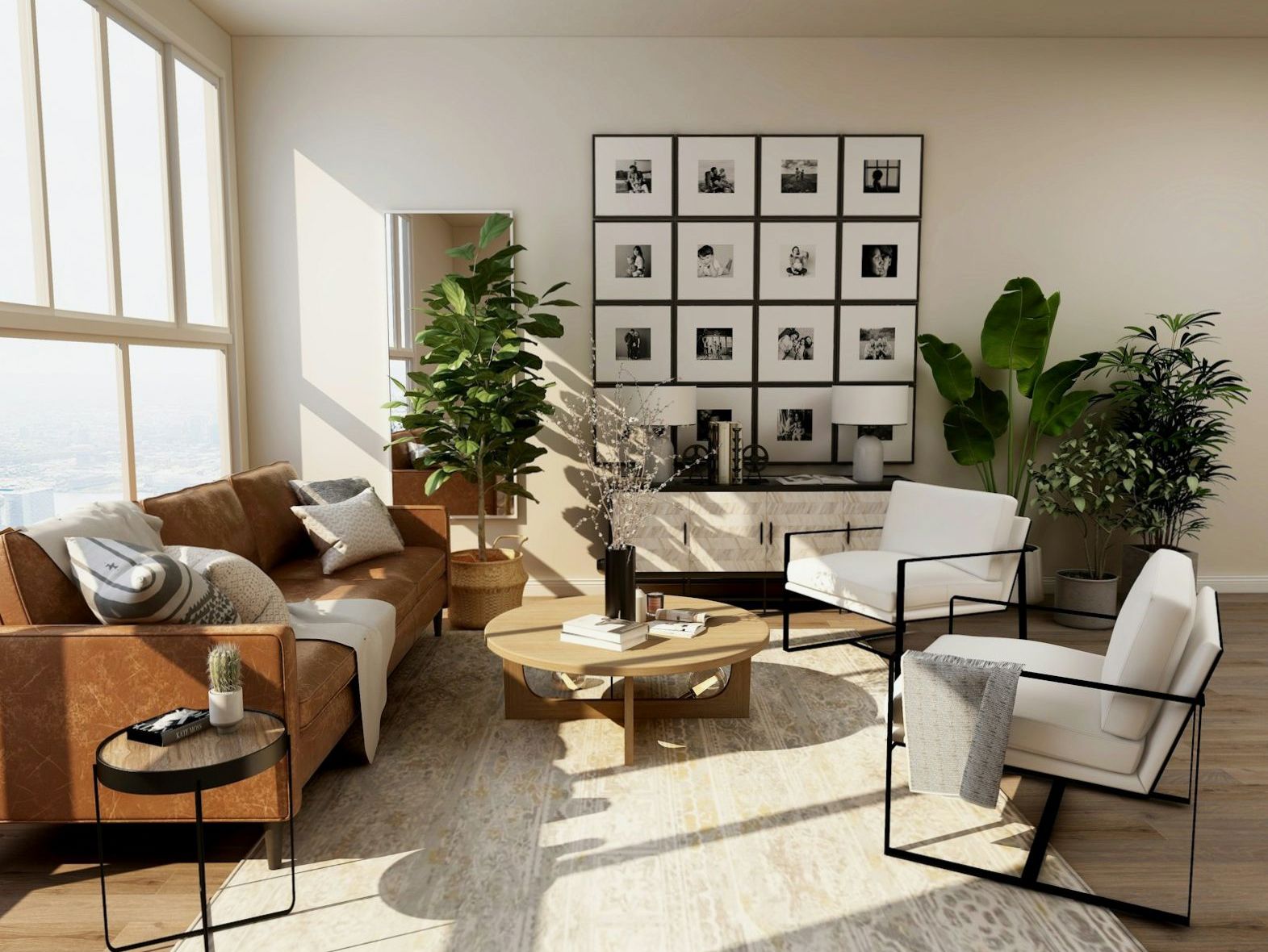 Calm hotel living area with timber, cream upholstery and natural daylight
